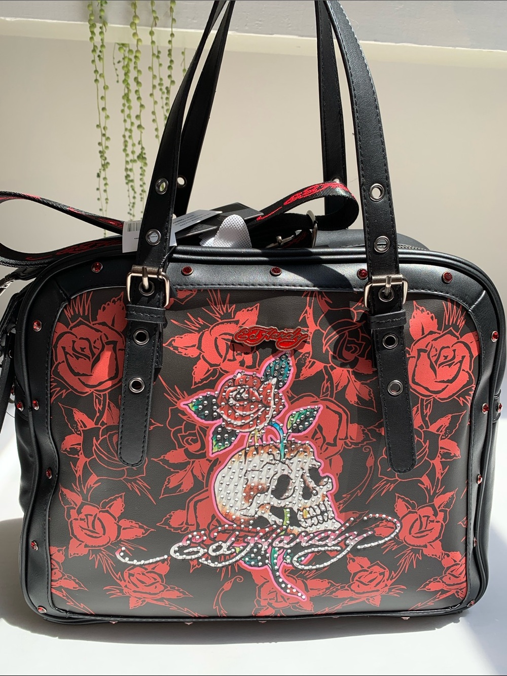 NWT Ed Hardy SKULL and RED ROSES Red Rhinestone Embellished Large Crossbody Tote